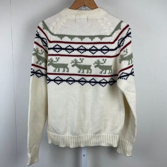 Vintage Sigallo Ivory Moose Stripe Sweater Winter Christmas Mens Large - Picture 5 of 6